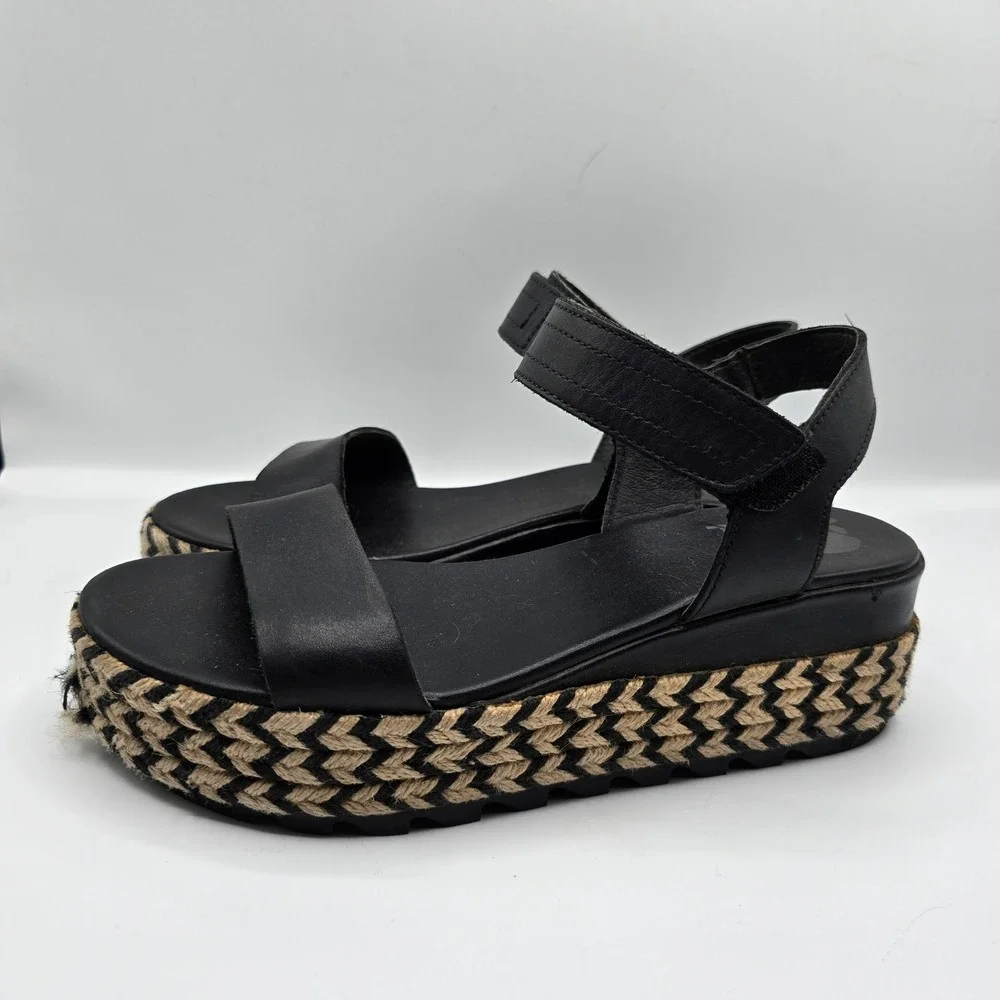 Sorel‎ Black Leather Espadrille Flatform Ankle Strap Platform Sandals 7.5